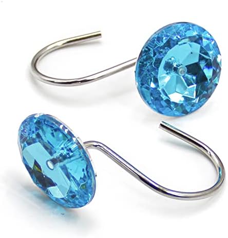 Crystal Diamond Round Shower Curtain Hooks Rings for Bathroom,Blue,12PCS