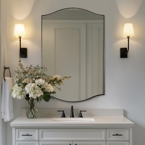 ANDY STAR 24"x36" Black Bathroom Mirror, Rectangle Scalloped Wall Mirror in Stainless Steel Metal Frame, Modern Matte Black Finish with Curved Edge Design, Wall-Mount Vertically or Horizontally