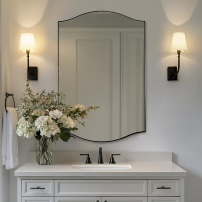 ANDY STAR 24"x36" Black Bathroom Mirror, Rectangle Scalloped Wall Mirror in Stainless Steel Metal Frame, Modern Matte Black Finish with Curved Edge Design, Wall-Mount Vertically or Horizontally
