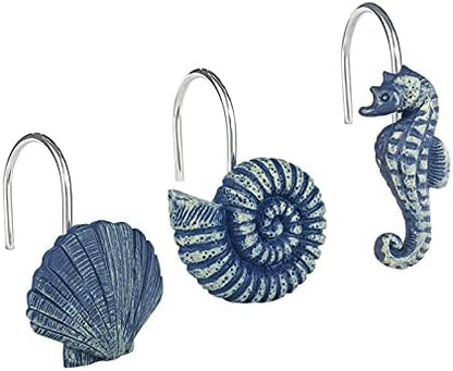 Sunlit Seashells Decorative Shower Curtain Hooks, Blue Ocean Creatures Coastal Shower Curtain Rings, Resin, Nautical Bathroom Decoration Beach Shower Curtain Hooks-12 Pack