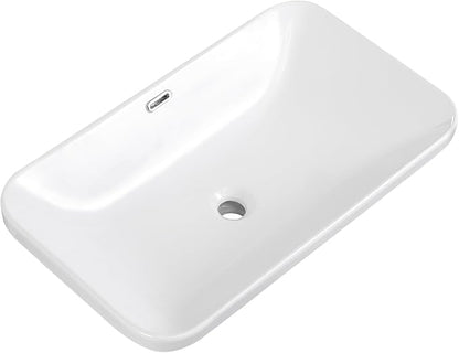 Vessel Sink 27"x16" Semi Recessed Bathroom Sink Drop-in White Bathroom Sink Porcelain Ceramic Modern Rectangular Sinks Drop-in Vanity Sinks with Overflow for Bathrooms