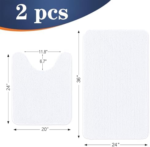 OLANLY Chenille Bathroom Rugs Mats Sets 2 Piece, 36"x24"+24"x20", White