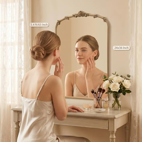 Besdomus Vintage Gold Mirror for Bathroom: 24"x36" Ornate Arched Mirror