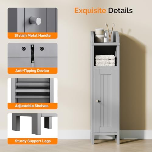 VINGLI Small Storage Corner Floor Cabinet, 7.9" Narrow Toilet Paper Storage Holder with Vertical Striped Door, Skinny Freestanding Organizer for Small Spaces, Slim Bathroom Storage Cabinet, Grey