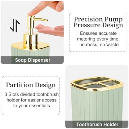 RRM Bathroom Soap Dispenser and Toothbrush Holder Set, Sage Green