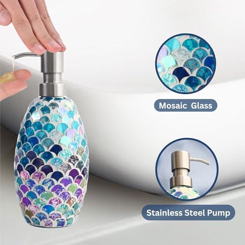 Escenzy Mermaid Bathroom Accessories Set 4 Pcs | Handcrafted Mosaic Glass Soap Dispenser, Toothbrush Holder, Cotton Jar, Soap Tray | Luxury Mermaid Bathroom Decor | Coastal Boho Gift