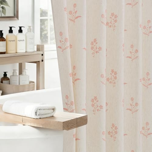 ORTIGIA Linen Shower Curtain Farmhouse Vintage Pink Floral Shower Curtains Boho Rustic Block Print Cottagecore Decor for Bathroom 72 W x 72 L