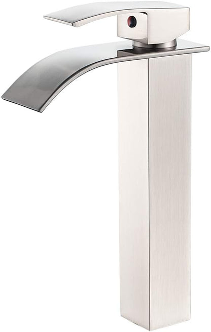 VOTON Vessel Sink Faucet Brushed Nickel Modern Tall Waterfall Bathroom Sink Faucet Single Handle Bathroom Faucet 1 Hole Bowl Lavatory Vanity Faucet, Rv Sink Camper Farmhouse Bathroom Faucet