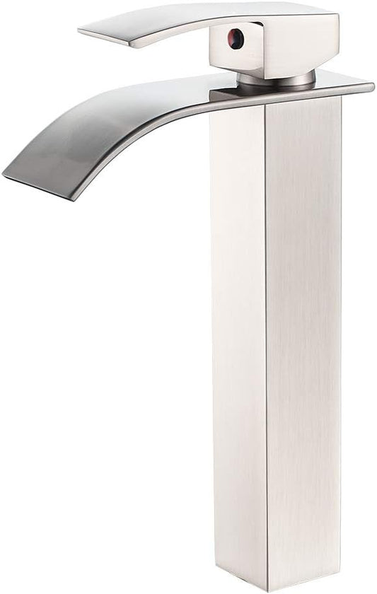 VOTON Vessel Sink Faucet Brushed Nickel Modern Tall Waterfall Bathroom Sink Faucet Single Handle Bathroom Faucet 1 Hole Bowl Lavatory Vanity Faucet, Rv Sink Camper Farmhouse Bathroom Faucet