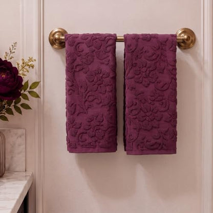 SmoothNovelty 2 Pcs Burgundy Red Floral Jacquard Hand Towels for Bathroom