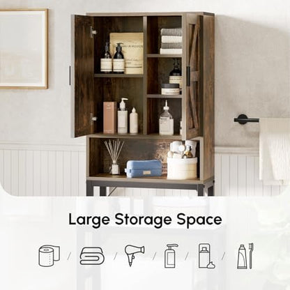 USHOWER Brown Over The Toilet Storage Cabinet with Barn Doors