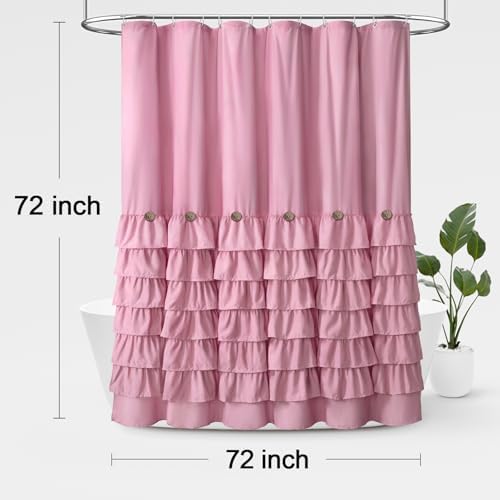 Ruffle Farmhouse Shower Curtain, Pink Vintage Shower Curtains for Bathroom Fabric Cute Rustic Cloth, 72" W X 72" L Inch