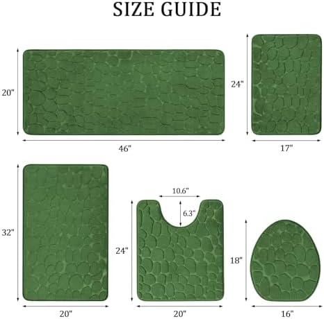 YIHOUSE Bathroom Rugs Mat Set, Memory Foam Bath Mat 5 Piece Green