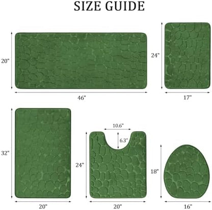 YIHOUSE Bathroom Rugs Mat Set, Memory Foam Bath Mat 5 Piece Green