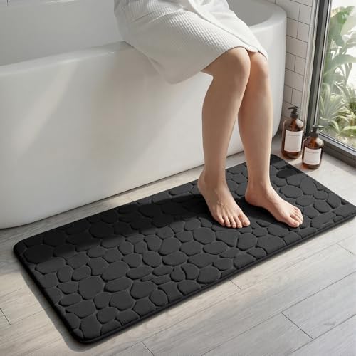 YIHOUSE Memory Foam Runner Rug, Cobblestone Bathroom Runner Rugs Super Water Absorbent Bath Mats for Bathroom Machine Washable Bath Rugs for Hallway Bedroom Laundry Room(20 x 47,Black)