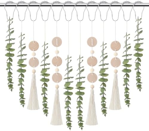 Yinkin Set of 12 Boho Eucalyptus Shower Curtain Hooks Rings Rustic Farmhouse Decor Rustproof Metal Decorative Hanger Set for Home Bathroom Bedroom Baby Room Curtain Decor