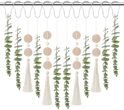 Yinkin Set of 12 Boho Eucalyptus Shower Curtain Hooks Rings Rustic Farmhouse Decor Rustproof Metal Decorative Hanger Set for Home Bathroom Bedroom Baby Room Curtain Decor