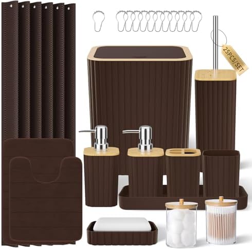 XLHOMO Bathroom Accessories Set - 25PC Brown Bathroom Set, Bathroom Set with Shower Curtain and Rugs, Brown Shower Curtain Set, Toilet Brush, Bathroom Trash Can
