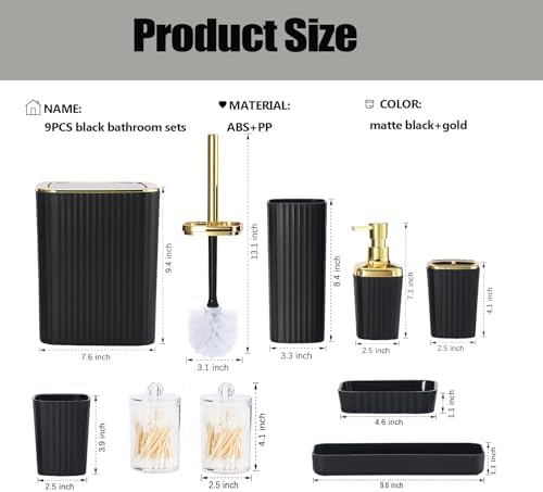9 PCS Black Bathroom Accessories Set with Trash Can Bathroom Accessory