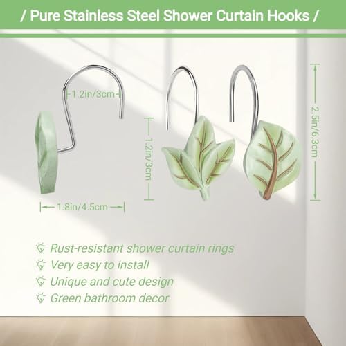 12Pcs Leaves Shower Curtain Hooks Decorative for Curtain Rods, Green Plant Leaf Shower Curtain Rings, Silver Stainless Steel Metal Shower Curtain Hanger Hooks, Cute Eucalyptus Green Bathroom Decor