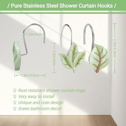 12Pcs Leaves Shower Curtain Hooks Decorative for Curtain Rods, Green Plant Leaf Shower Curtain Rings, Silver Stainless Steel Metal Shower Curtain Hanger Hooks, Cute Eucalyptus Green Bathroom Decor