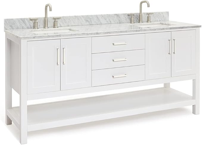 ARIEL Magnolia 72-inch Bathroom Vanity with Sink,Solid Wood, 0.75-inch Italian Carrara Marble Countertop, Double Rectangular Porcelain Sink, 4 Soft Closing Doors, 3 Dovetail Drawers, White