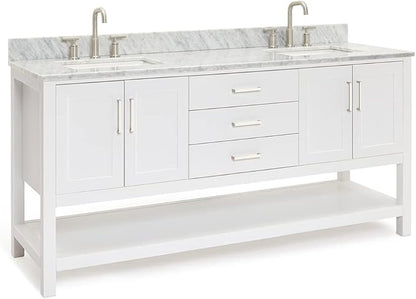 ARIEL Magnolia 72-inch Bathroom Vanity with Sink,Solid Wood, 0.75-inch Italian Carrara Marble Countertop, Double Rectangular Porcelain Sink, 4 Soft Closing Doors, 3 Dovetail Drawers, White