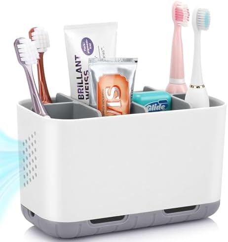 Boperzi Toothbrush and Toothpaste Holder Drainage for Bathroom Countertop with Adjustable Dividers, Large Toothpaste Caddy Organizer Storage Rustic Decor Set Anti-Slip for Shower,Family,Kids Gray