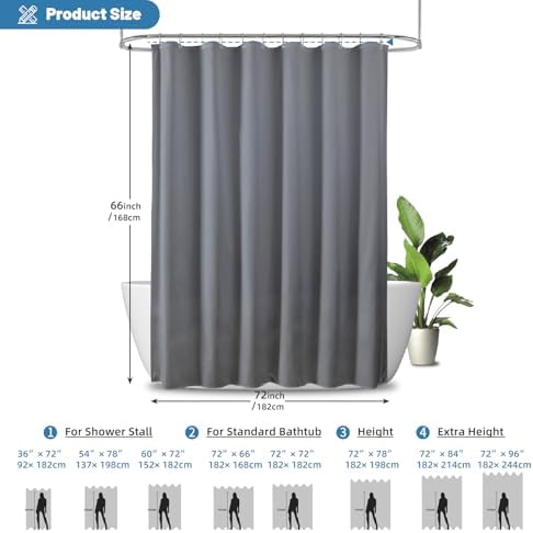 1 Pack Water-Repellent Fabric Shower Curtain Liner, 72x66 Grey
