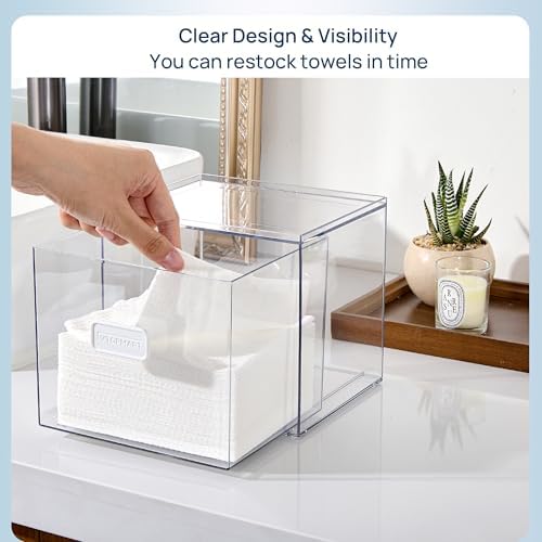 Vtopmart Disposable Facial Towels Holder,Clear Storage Drawer Compatible with Clean Skin Club Towel XL,Acrylic Box Hold 50 Count,Stylish and Functional Bathroom Accessory for Coutertop Organization