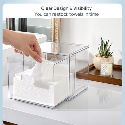 Vtopmart Disposable Facial Towels Holder,Clear Storage Drawer Compatible with Clean Skin Club Towel XL,Acrylic Box Hold 50 Count,Stylish and Functional Bathroom Accessory for Coutertop Organization