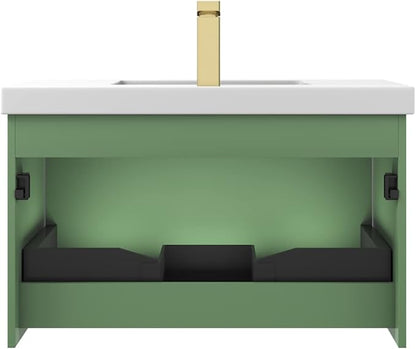 Blossom 30 Inch Bathroom Vanity with Sink, All Wood Wall Mounted Floating Bathroom Vanity Cabinet with Acrylic Sink, Bathroom Sink Cabinet w/Soft-Close Drawer, Modern Style Vanities, Aventurine Green