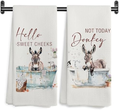 Funny Donkey Hand Towels, Hello Sweet Cheeks Bathroom Decor, Donkey Gifts Decorative Hand Towels for Washroom Restroom, Farmhouse Hand Tea Towels for Bathroom, 16x24 Inch Set of 2