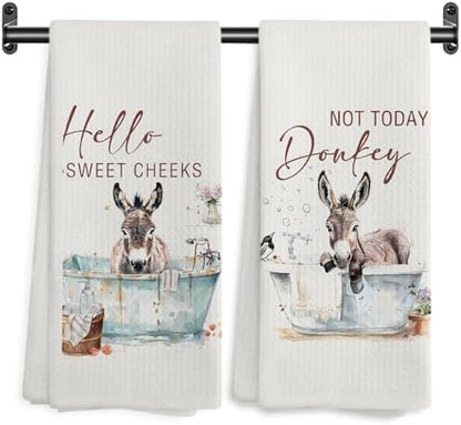 Funny Donkey Hand Towels, Hello Sweet Cheeks Bathroom Decor, Donkey Gifts Decorative Hand Towels for Washroom Restroom, Farmhouse Hand Tea Towels for Bathroom, 16x24 Inch Set of 2