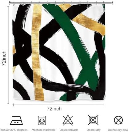 Abstract Emerald Green Black Gold Shower Curtain 72Wx72L Inch Modern Minimalist Contemporary Geometric Line Bathroom Set Accessories Decor with 12 Pack Hooks