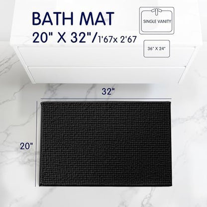 SUBRTEX Bathroom Rugs, 20" x 32" Chenille Bath Rug Soft Short Plush Bath Mat Soft Shower Mat Water Absorbent Shower Mat Quick Dry Machine Washable, Black