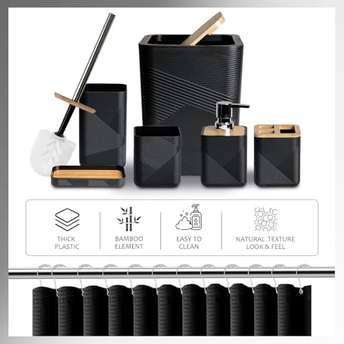 CERBIOR Bamboo Bathroom Accessory Set with Shower Curtain,Black,20PCS