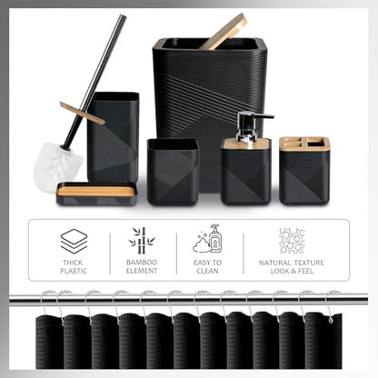 CERBIOR Bamboo Bathroom Accessory Set with Shower Curtain,Black,20PCS