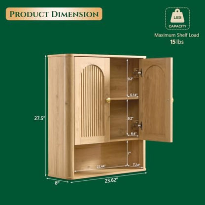 Bathroom Fluted Arched Wall Cabinet, 23.6''W Wood Medicine Cabinet, Natural