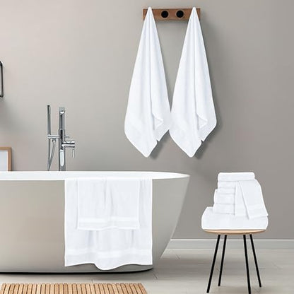 GLAMBURG Ultra Soft 24-Piece Towel Set - 100% Pure Ringspun Cotton, Contains 8 Oversized Bath Towels 27x54, 8 Hand Towels 16x28, 8 Wash Cloths 13x13 - Ideal for Everyday use, Hotel & Spa - White