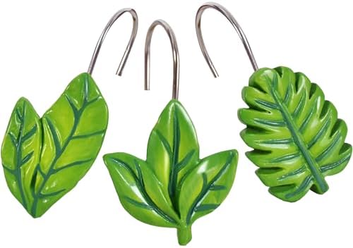 12-Piece Green Leaves Leaf Shower Curtain Hooks for Bathroom