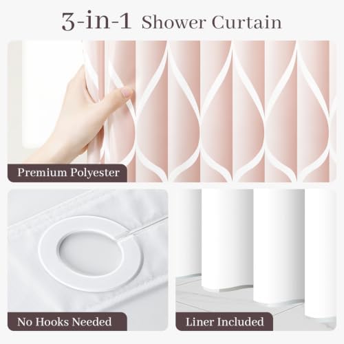Yiatn No Hook Shower Curtain with Snap-in Liner, 71 x 74 Inch