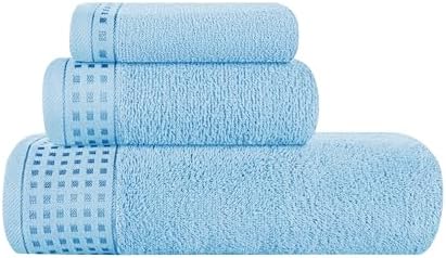 GLAMBURG Ultra Soft 3 Pack Cotton Towel Set, Contains a Bath Towel 28x55 inch, a Hand Towel 16x24 inch & a Wash Coth 12x12 inch, Ideal Everyday use, Compact & Lightweight - Sky Blue