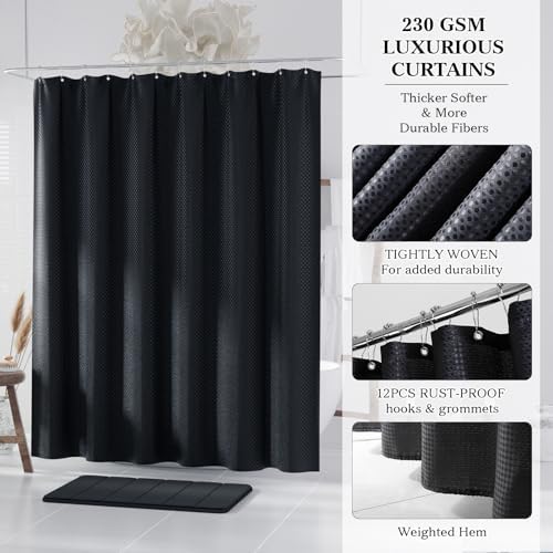 Black Bathroom Accessories Set Complete with Shower Curtain and Rug