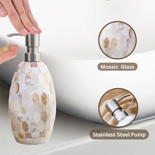 Escenzy Natural Shell Bathroom Accessories Set 3 Pcs | Handcrafted Mother of Pearl Mosaic Glass Soap Dispenser, Toothbrush Holder, Cotton Jar | Luxury Coastal Bathroom Decor