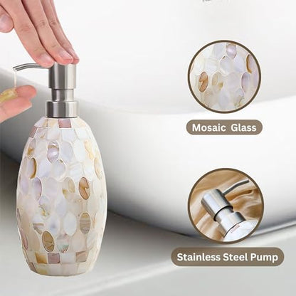 Escenzy Natural Shell Bathroom Accessories Set 3 Pcs | Handcrafted Mother of Pearl Mosaic Glass Soap Dispenser, Toothbrush Holder, Cotton Jar | Luxury Coastal Bathroom Decor
