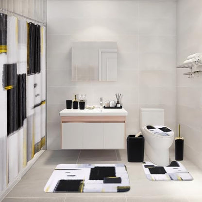 XLHOMO Bathroom Set - Black Bathroom Accessories Set, Bathroom Sets with Shower Curtain and Rugs, Black Shower Curtain Set with Bathroom Trash Can, Soap Dispenser, Soap Dish for Home Decor