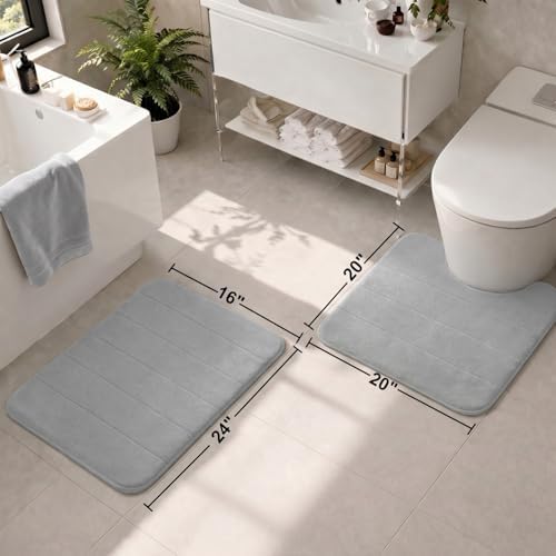 2 Piece Memory Foam Bath Mat Set, Extra Soft Absorbent Bathroom Rugs with U-Shaped Toilet Rug, Non-Slip Backing, Machine Washable, 24x16 + 20x20 U-Shaped, Gray