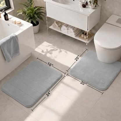 2 Piece Memory Foam Bath Mat Set, Extra Soft Absorbent Bathroom Rugs with U-Shaped Toilet Rug, Non-Slip Backing, Machine Washable, 24x16 + 20x20 U-Shaped, Gray