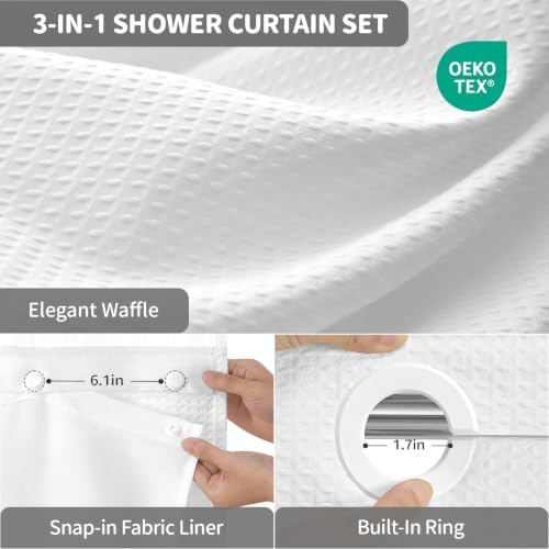 Dynamene White Hook Free Waffle Shower Curtain & Snap-in Fabric Liner,72x83